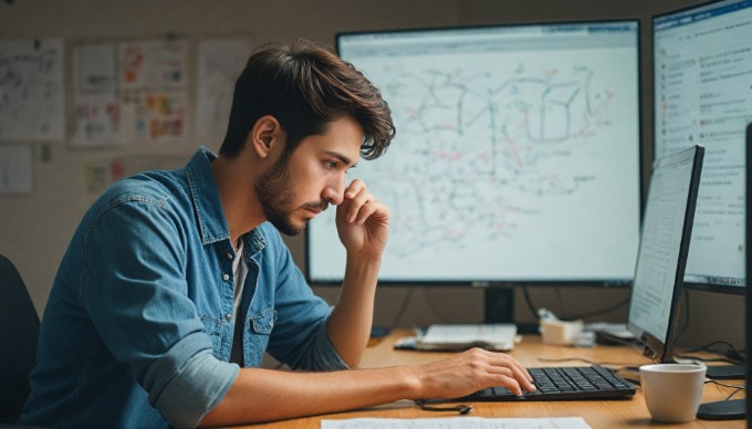 A person troubleshooting post-update issues on a computer, with a digital device and notes around them.