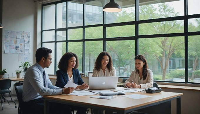 A team discussing upselling strategies in a modern office setting.