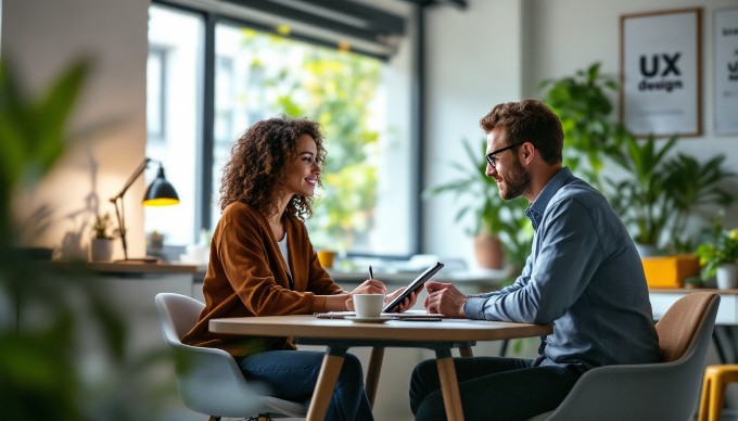 A UX designer conducting usability testing on a digital product with a user in a well-lit, modern workspace.