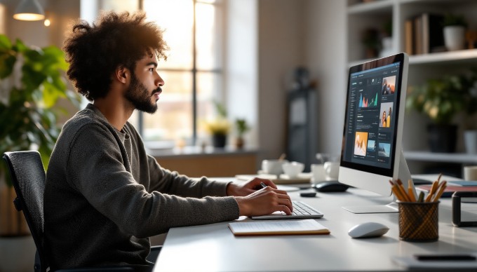A user testing session for web navigation with a participant using a laptop in a bright, modern workspace.