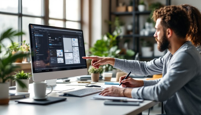 A professional setting where two individuals collaborate on a UX design project, focused on a computer screen with wireframes displayed.