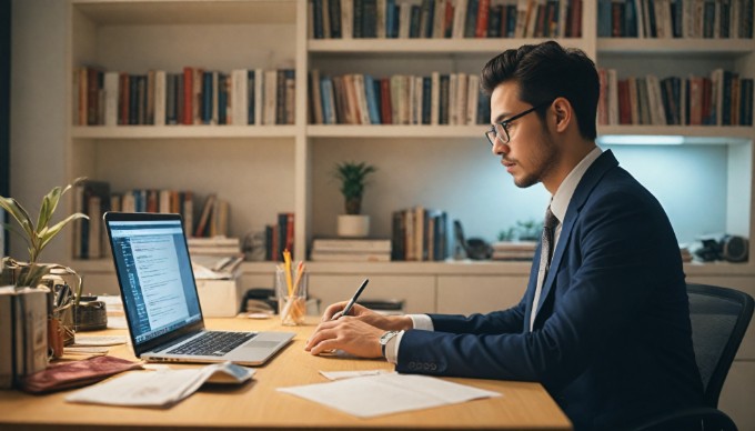 A professional setting with a person analyzing website performance metrics on a laptop, surrounded by notes and a coffee cup.