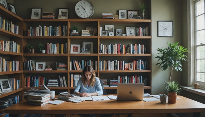 A professional setting where a woman is creating a coupon on her laptop, surrounded by marketing materials and a coffee mug.