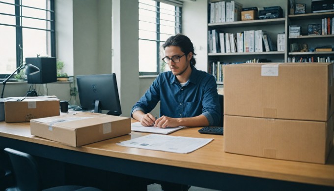 A professional setting showing a person adjusting shipping settings on a laptop, with shipping boxes and a printer in the background.