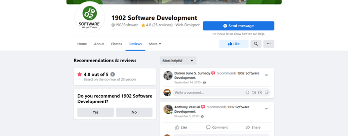 1902 Software Development's Facebook page showing a 4.8 out of 5 rating from 25 recommendations, with sample positive reviews