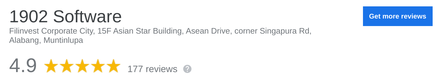 1902 Software's Google Business listing showing a 4.9-star rating from 177 reviews, located in Alabang, Muntinlupa