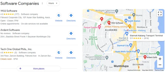 Google Maps local pack for Software Companies near me, showing 1902 Software first with 4.9 stars and 117 reviews, followed by Ardent Software and Tech One Global Phils