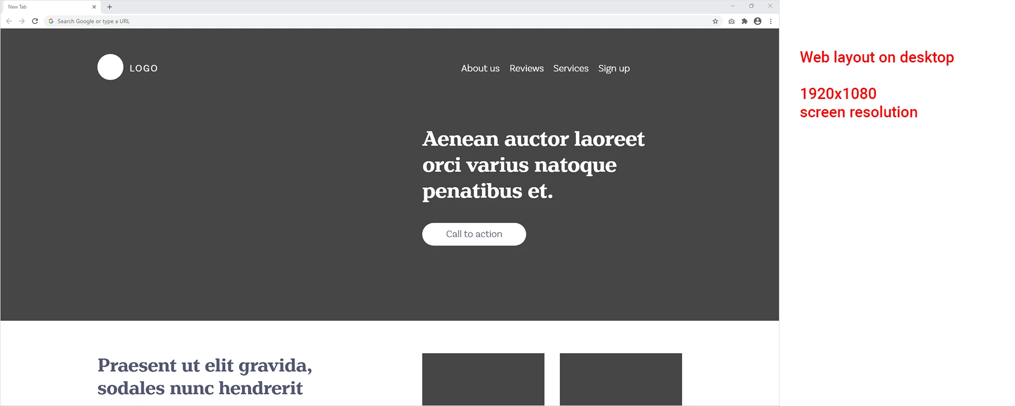 Wireframe mockup of a web page layout at 1920x1080 desktop resolution, with hero section and content area