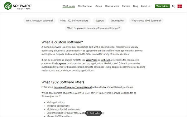 Desktop version of the 1902 Software Custom Software page showing full navigation, tab layout, and content sections