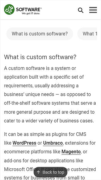 Mobile version of the same Custom Software page reformatted with a hamburger menu and accordion-style content sections