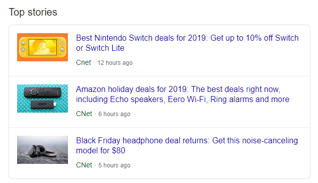 Google Top Stories list showing three CNet articles about holiday deals with thumbnail images in a vertical carousel format