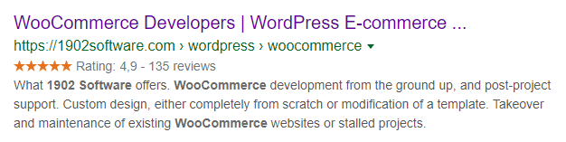 Google search result for 1902 Software WooCommerce page showing breadcrumb schema with URL displayed as a navigational trail and a 4.9-star rating from 135 reviews