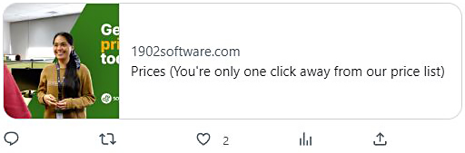 Twitter post showing a summary card for 1902software.com with the OG image thumbnail, site name, and title "Prices (You're only one click away from our price list)", with 2 likes