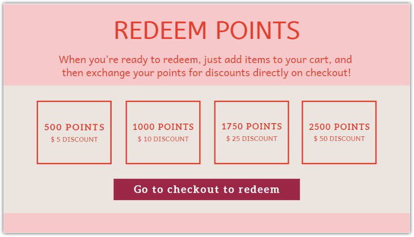 Points system loyalty program rules table showing how purchase amounts convert to redeemable points