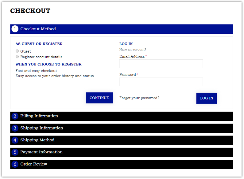 Accordion checkout flow showing multiple collapsible steps users must complete before placing an order
