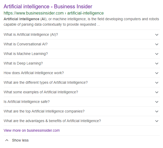 Google search result for Business Insider showing FAQ schema with expandable drop-down questions about Artificial Intelligence, Machine Learning, Deep Learning, and more