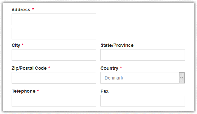 Checkout form with Denmark pre-selected as the country, showing the State/Province field as optional