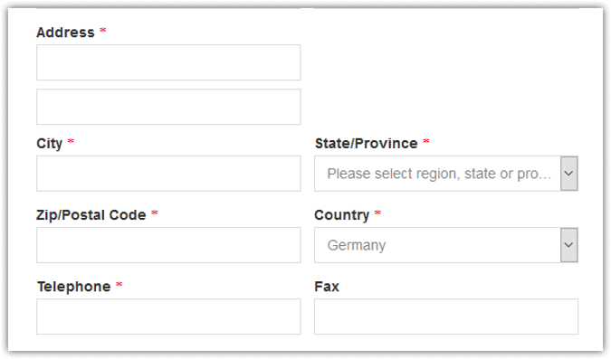 Checkout form with Germany pre-selected as the country, showing the State/Province field as required