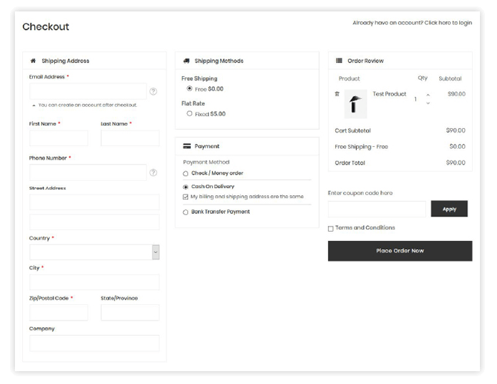 One-step checkout layout showing all required fields displayed on a single page for faster order completion