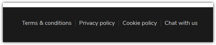 Website footer showing links for Terms & conditions, Privacy policy, Cookie policy, and a Chat with us live chat link