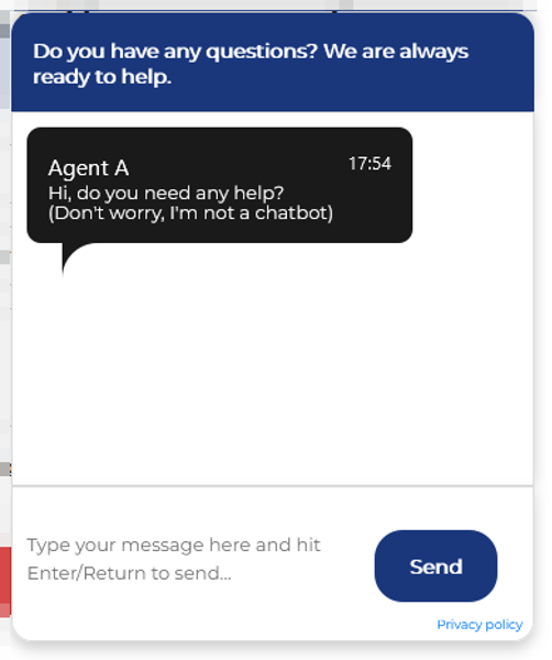 Live chat dialog box with Agent A greeting the user: Hi, do you need any help? (Don't worry, I'm not a chatbot)
