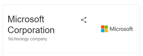 Google Knowledge Graph card for Microsoft Corporation showing the company logo, name, and Technology company label