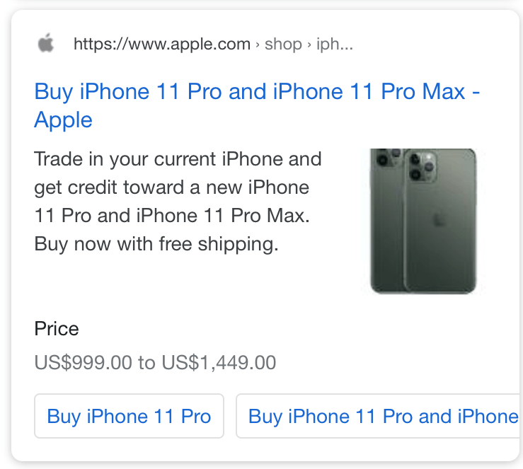 Google search result for Apple.com showing product schema for iPhone 11 Pro with product image, price range US$999 to US$1,449, and Buy action buttons