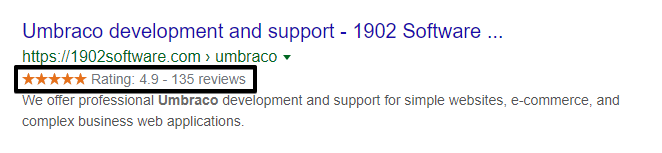 Google search result for 1902 Software Umbraco page showing review snippet schema with orange star rating of 4.9 from 135 reviews