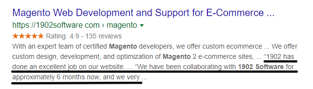 Google search result for 1902 Software Magento page showing review snippet with star rating and a highlighted customer review excerpt in the description