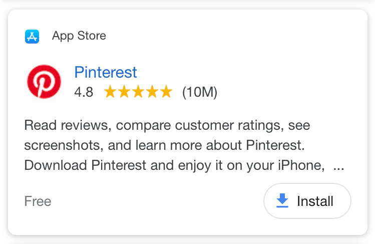 Google search result showing software app schema for Pinterest on the App Store with logo, 4.8-star rating from 10M reviews, and description