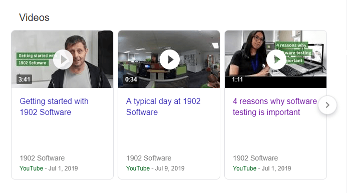 Google Videos carousel showing three 1902 Software YouTube videos with thumbnails, play buttons, and durations: Getting Started (3:41), A Typical Day (0:34), and Software Testing (1:11)
