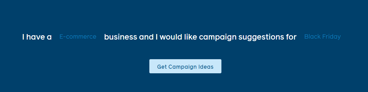 Facebook Campaign Ideas Generator interface with dropdown fields for business type set to E-commerce and campaign occasion set to Black Friday, with a Get Campaign Ideas button