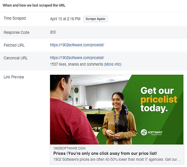 Facebook Sharing Debugger results for 1902software.com/pricelist showing Response Code 200, fetched and canonical URLs, 1,537 likes/shares/comments, and a Link Preview of the OG image and metadata
