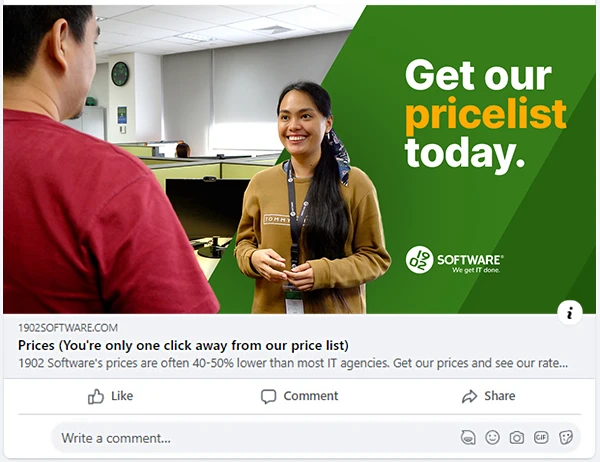 Facebook post preview of 1902 Software's price list page, showing the OG image, title "Prices (You're only one click away from our price list)", description, and Like/Comment/Share buttons