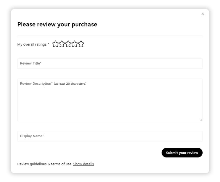 Product review submission form titled "Please review your purchase" with fields for star rating, Review Title, Review Description, and Display Name, plus a Submit your review button
