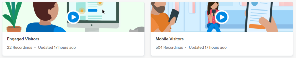 Crazy Egg session recording categories showing two cards: Engaged Visitors with 22 recordings and Mobile Visitors with 504 recordings, each with a play button and Updated 17 hours ago timestamp