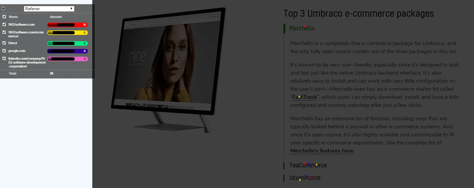 Crazy Egg confetti report for 1902 Software's Umbraco ecommerce page, showing individual clicks as colored dots to visualize click distribution