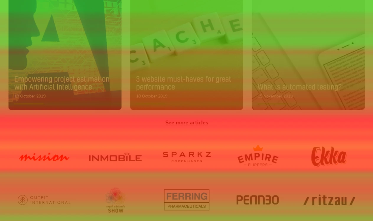 Crazy Egg scrollmap for a section of 1902 Software's homepage, with warm colors at the top fading to cool colors further down the page