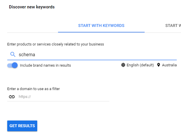 Screenshot of Google Keyword Planner's 'Discover new keywords' tool, with 'schema' entered in the search field.