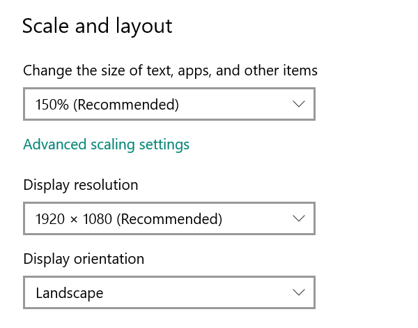 Windows Display Settings showing 150% recommended scale, 1920x1080 resolution, and landscape orientation