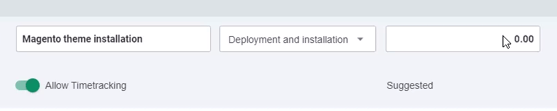 Animated demonstration of the AI estimation tool in the 1902 Software project management system: a Magento theme installation task under Deployment and installation is given 3 estimated hours, and the AI model returns a suggested actual hours prediction in real time based on historical data