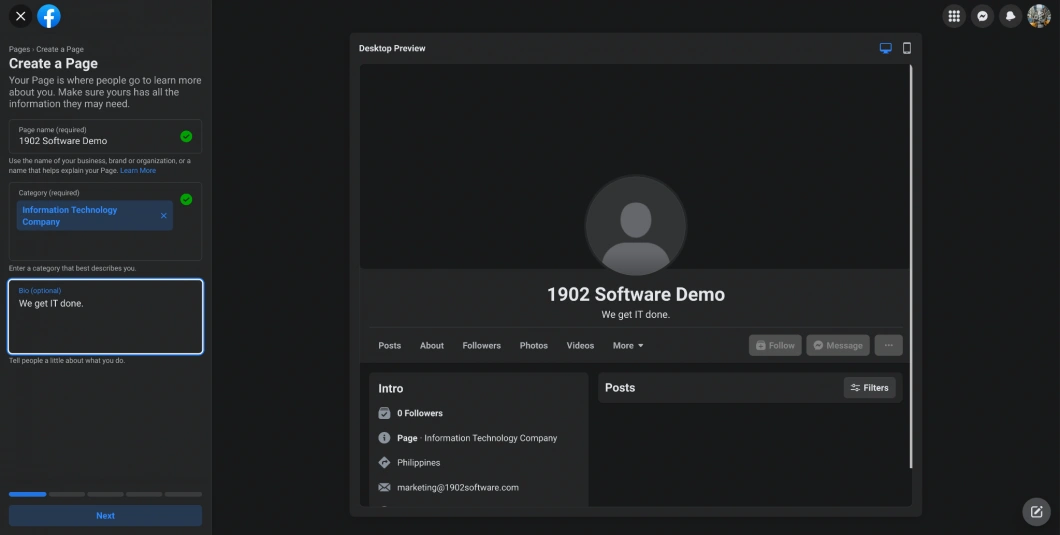 Screenshot of the Facebook Business Page creation screen, showing fields for page name, category, and description.