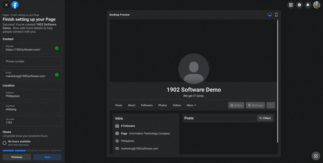 Screenshot of the final steps in creating a Meta Business Page, showing fields for contact details and a desktop preview.