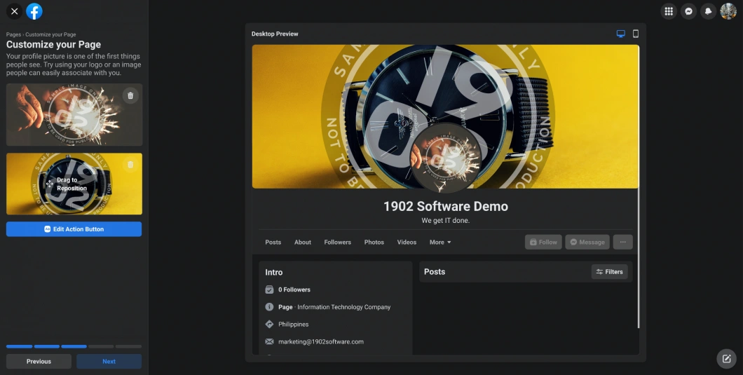 Screenshot of the Facebook Business Page setup showing the 'Customize your Page' section with options to edit the profile and cover photos.