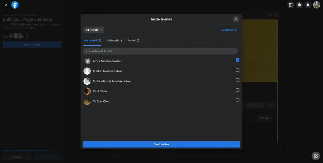 Screenshot of the Facebook 'Invite friends' pop-up to build your page audience.