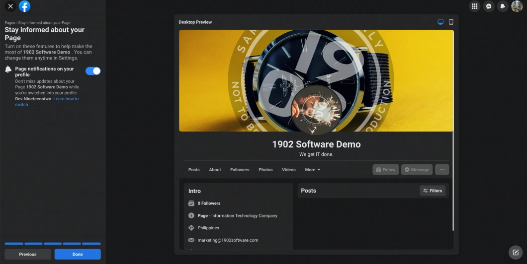 Screenshot of the Facebook Business Page interface showing the settings for enabling page notifications.