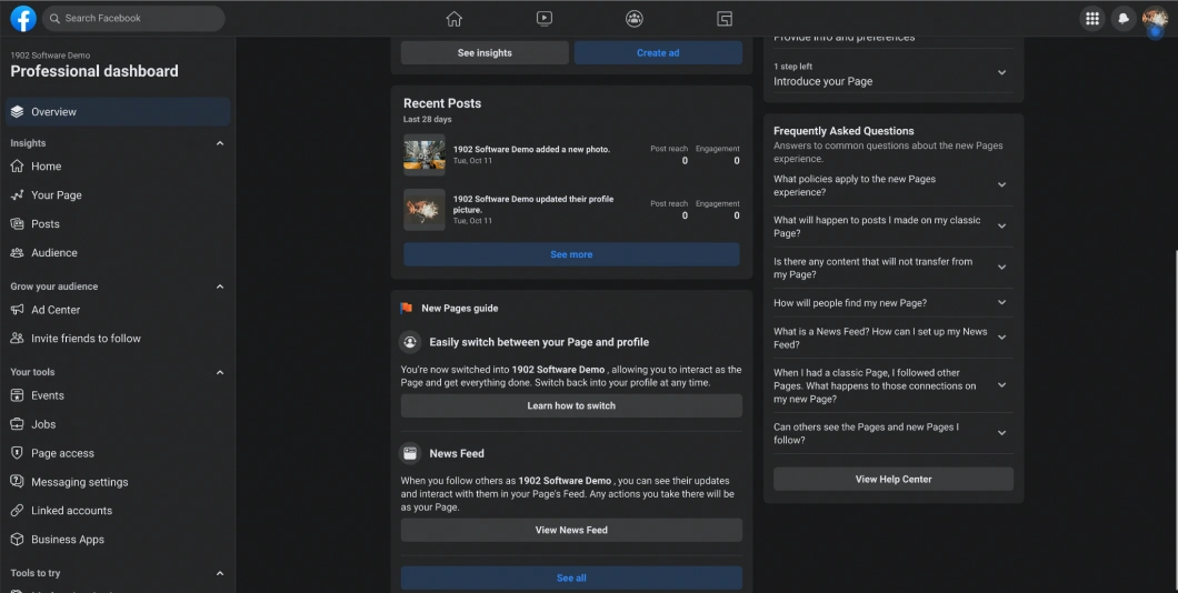Screenshot of the Facebook Professional dashboard, showing options like Insights, Posts, and Audience.