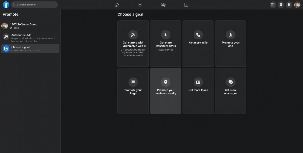 Screenshot of the Facebook Ads Manager showing the 'Choose a goal' screen for promoting a business page.