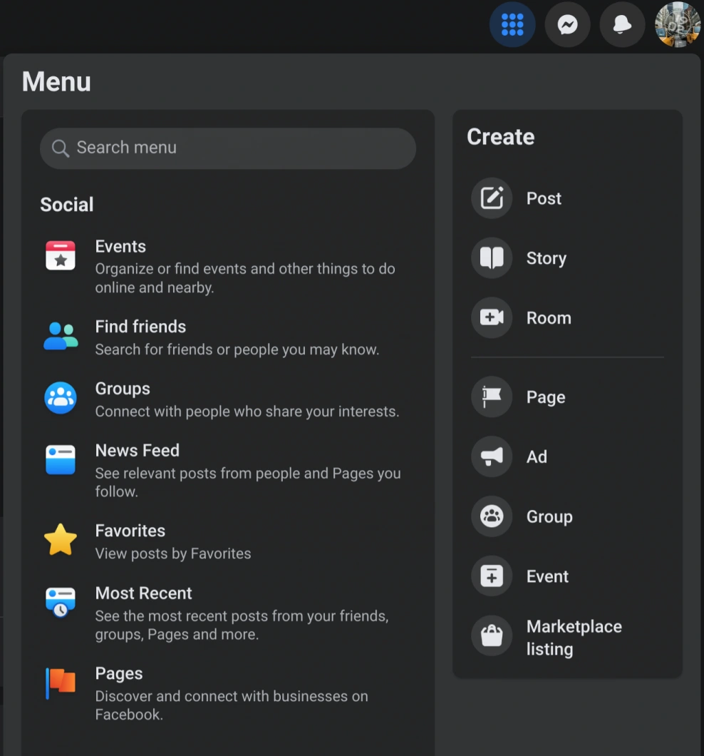 Screenshot of the Facebook menu, showing the 'Pages' option to create a new business page.