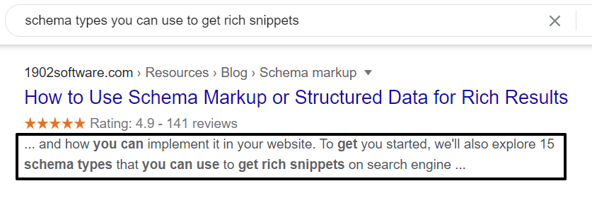 Google search result for 1902 Software's schema markup blog post, showing a 4.9-star rich snippet rating from 141 reviews.